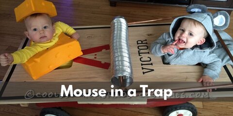  Mouse in a Trap’s costume is a long-sleeved gray T-shirt, gray sweatpants, white running shoes, mouse ears, a nose and a tail, and a giant cardboard mousetrap with foam trap bars.
