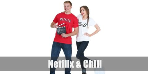 The Netflix and Chill costume features shirts spelling Netflix and Chill on print.