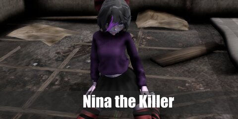 Nina the Killer wears a purple hoodie, black skirt, striped socks, and a pair of sneakers. She also has black hair in a ponytail styled with purple highlights.