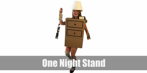  One Night Stand’s costume is a cardboard box, a lampshade, and several small items like beer cans, pill bottle, a condom box, and whatever else typically associated with a one night encounter.