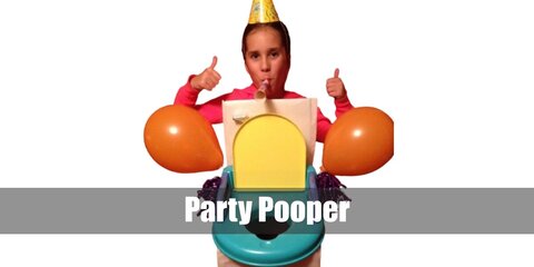 Party Pooper’s costume is a colorful long-sleeved shirt, relaxed-fit casual pants, casual canvas sneaker shoes, a toilet costume, a party hat, party glasses, and party balloons.