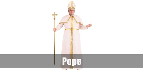 The Pope wears a clergy robe with extended collar, the Papal hat, and a staff.