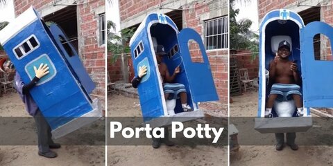  Porta Potty’s costume is a casual short-sleeved T-shirt, nude-colored knee-high socks with fiber filling, small cheap sneakers, small cheap pants, large painted cardboard sheets, toilet sign stickers, and a large white plastic bathroom wastebasket.