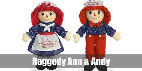 Andy costume is a red checked shirt, bow tie, and light blue shorts. He also has a pair of white-and-red striped socks and black shoes. Meanwhile, Ann is decked in a blue floral dress with an apron. She pairs the apron with  bloomers, striped socks, and black shoes.