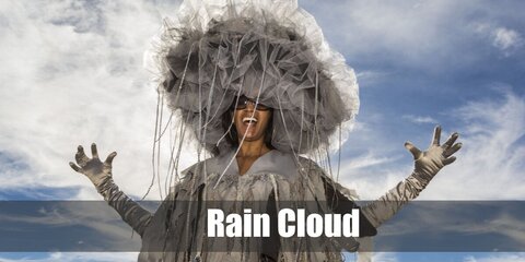 The rain cloud costume features a hat designed like a rain cloud over some rain boots.