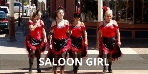 Saloon girls costume is a pink corset, a steam punk styled skirt, black net stockings, finger-less lace gloves, a choker necklace and earrings, a feather hair clip, and high heels.