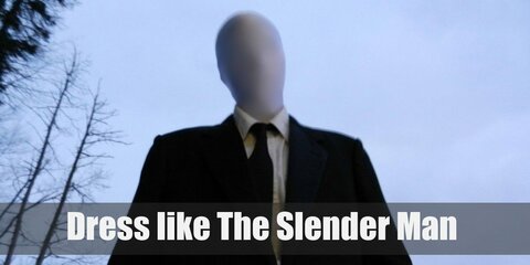 The Slender Man costume is a black suit jacket on top of a white shirt with a black necktie, black pants, and black shoes.