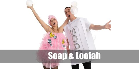 A soap and loofah couple costume set features a box of soap made of cardboard as well as a tulle dress that represents the loofah.