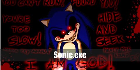 Sonic.exe's costume: fake blood, black makeup, red lenses, blue onesie, Sonic hat, gloves, and Sonic shoes. Combines evil elements for a unique look.