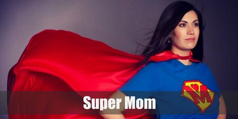 The Super Mom costume is composed of shirt with the Super Mom logo paired with blue pants, yellow belt, and matching red gloves and boots. Finish it off with a red cape, too