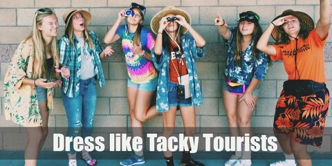 The tacky tourists are likely to wear a bright printed shirt like a Hawaii shirt with shorts and a pair of flip-flops with socks.