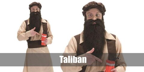  Taliban’s costume is a long-sleeved white kaftan gown, brown fisherman sandals, a tactical desert scarf, an Arab headscarf, and an army desert lightweight jacket.