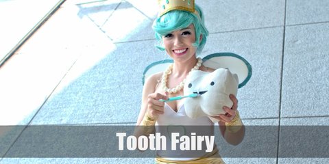 The tooth fairy costume is a white corset with a white fluffy skirt, white stockings, green wings, green high heels, and a green tiara.