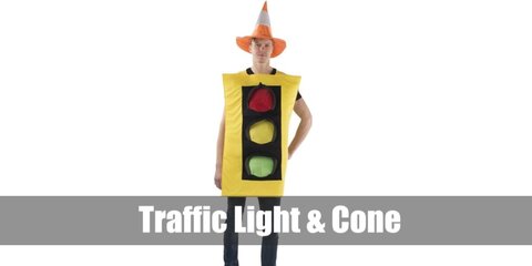 The Traffic Cone and Light costume features a cardboard box with the traffic light colors on the chest part. Then, complete the outfit with a traffic cone hat.