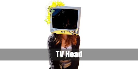 Create a TV Head costume using a TV Man Costume, LED Mask, cardboard box, black paint, black shirt, jacket, and pants.