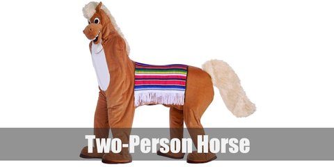 This fun two-man horse costume includes a costume set that fits one person (standing) in the front part of the costume consisting of the head and front legs, while another one crouches with the tail and back legs.