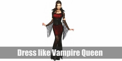 The vampire queen costume a short and dark red satin dress, a sheer black dress, a black under burst corset, a black lace collar, a red jeweled necklace and earrings, black stockings, and black high heels.