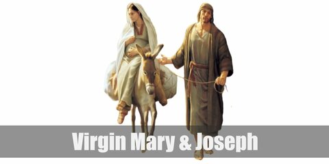 Virgin Mary costume is a long white tunic topped with a light blue cover, a white fabric belt, a white head scarf, and wooden sandals.