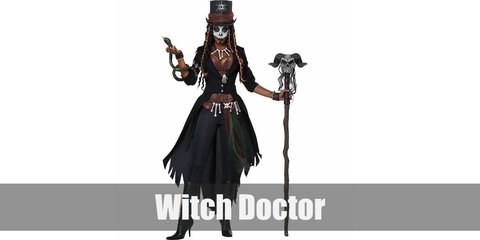 Witch Doctor costume is a red corset topped with a long black coat, black tight pants, high heel boots, a top hat, a bone necklace, a bone belt, bead bracelets, and a skull mask