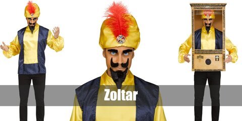 Start the Zoltar costume with a yellow shirt, add a navy blue vest, a sash, black pants, a fake mustache, a fake beard, a golden turban, and an orange feather.