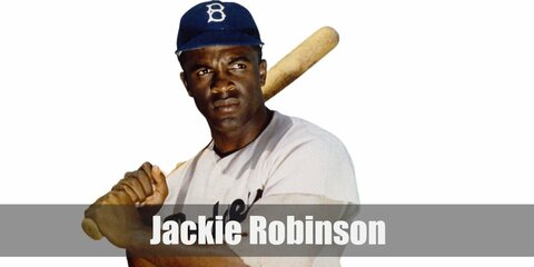 Jackie Robinson's costume consists of a white baseball jersey and pants. He also wore a long sleeved shirt under his jersey. Complete the outfit with a cap and dark shoes.