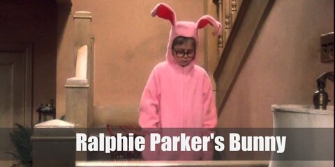 Ralphie's bunny costume features a pink onesie with bunny ears, mittens, and a pair of bunny slippers.