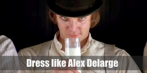 Alex Delarge costume in A Clockwork Orange is a white dress shirt, white dress pants, a black derby hat, and black boots, a white supporter and straight walking cane.  