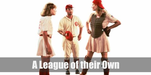  A League of their Own’s Rockford Peaches costume is a pink skater dress, red knee-high socks, black shoes and a red team cap