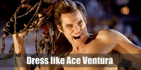  Ace Ventura’s outfit is a Hawaiian shirt unbuttoned over a white tank top which he pairs with a red and black-striped pair of pants.