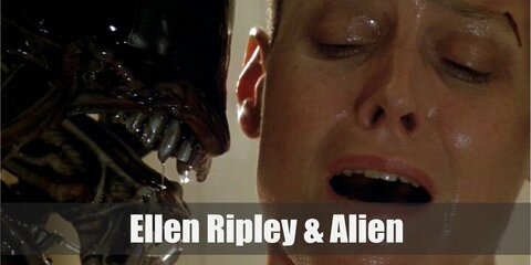  Ellen Ripley & Alien’s costumes are the standard USCSS Nostromo uniform which consists of a green shirt, white button down, and grey coveralls with patches, and a black skeletal body (made from a bodysuit and EVA foam) and a large, oblong-shaped head with wide open jaws. 