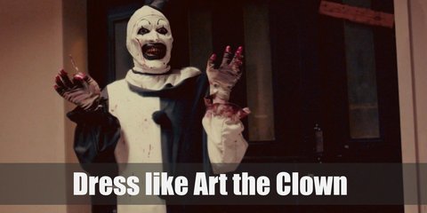 Art the Clown terrorizes in a masked face with dark black make-up and dons a half-black, half-white jumpsuit with decorative frills. He also wears fingerless floves, boots, and a mini top hat. 