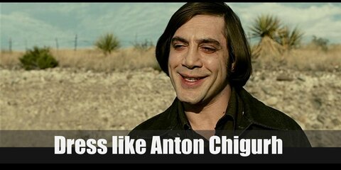 Anton Chigurh costume is a brown buttoned down shirt, a dark denim jacket, tough dark jeans, and leather boots.