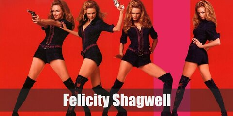 Felicity Shagwell's costume is a quarter-sleeved romper. Then decorate the lining of the romper with pink ribbon as you see fit. Wear a pink belt, too. Also, get a pair of thigh-high boots and blonde wig.