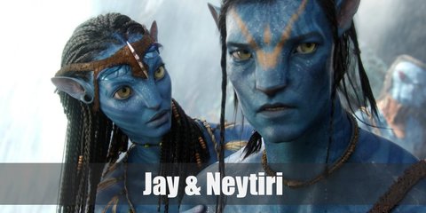 Jake Sully and Neytiri appear in an all-blue skin which can be recreated with a bottle of blue body paint or full body bodysuit. Decorate the blue skin with a darker shade of blue for the tiger stripes. They also have brown loin cloths and around the arms and legs. Wear long wigs accordingly. 