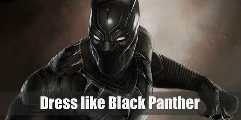 T'Challa's Black Panther suit includes black leather full-body suit, claw gloves, Black Panther helmet, and black boots.