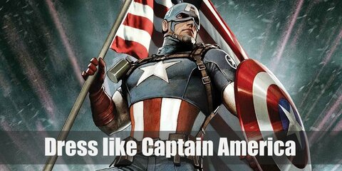 Captain America costume is a red, white, and blue shirt with a star and stripes. He also wears a helmet with an alphabet A, blue pants, hand gloves, and combat boots.