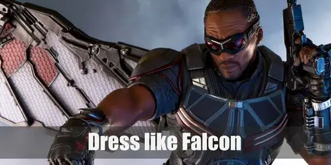 Falcon costume is a black top armor, black tactical pants, black boots with knee pads and finger-less gloves, a utility belt, and a pair of red goggles.