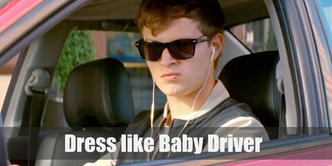 Baby Driver costume is a plain white T-shirt topped with a dark varsity jacket, a pair of skinny jeans, black sunglasses, and dark sneakers.