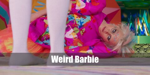  Weird Barbie’s costume is a hot pink babydoll dress, hot pink tights, and neon green gogo boots.