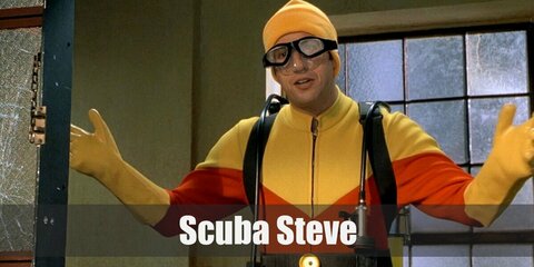 Scuba Steve’s costume is a yellow and red wetsuit, yellow gloves, yellow flippers, yellow tanks, a yellow beanie, and black goggles. Scuba Steve was an action figure in the film, Big Daddy.