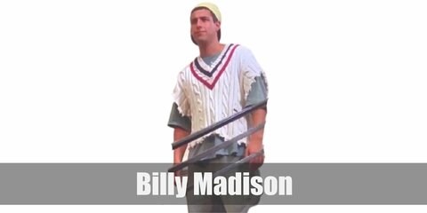 Billy Madison’s costume is a grey shirt with ‘Frank’ written inside, a singed knit sweater, green cargo shorts, a yellow cap, and hiking boots.