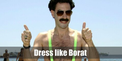 Borat costume is a gray business suit, a dark gray dress shirt underneath, a beige necktie, and respectable black Oxfords. 
