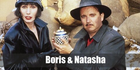  Boris and Natasha’s costume is  a long-sleeved white button-down shirt, black pants, black leather oxford shoes, a black trench overcoat, and a black classic fedora hat for Boris; and a strapless sleeveless long black tube dress and black fashion stilettos for Natasha.