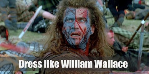 William Wallace wears a brown T-shirt, a kilt and a matching sash, a leather armor, and gladiator shoes.