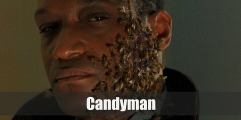  Candyman’s costume is a long frock coat, a white neck scarf, grey pants, black Oxfords, and underneath you’ll need a DIY zombified body.