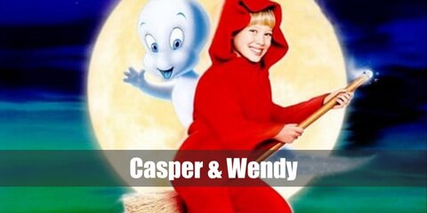  Casper and Wendy’s costume is a white shirt, white pants, and a white sheet for Casper and a red hooded onesie for Wendy.