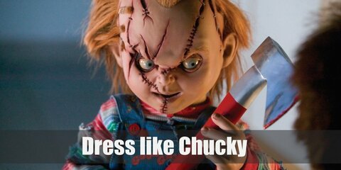 Chucky costume looks like a Good Guys doll when newly resurrected but over the years, he has gained many imperfections. He wears a multicolor striped sweater, blue overalls, and red sneakers. 