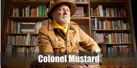 Colonel Mustard's outfit has a mustard jacket and khaki pants, a neck piece, as well has a hat. Wear a fake beard and mustache to complete his costume, too.