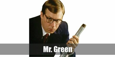  Mr. Green’s costume is a white dress shirt, a burgundy neck tie, a dark-colored suit, Oxford shoes, and black-rimmed glasses.