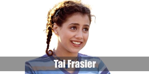 Tai Frasier’s costume is a light blue shirt, a green cardigan, a plaid skirt, black tights, and an auburn wig.